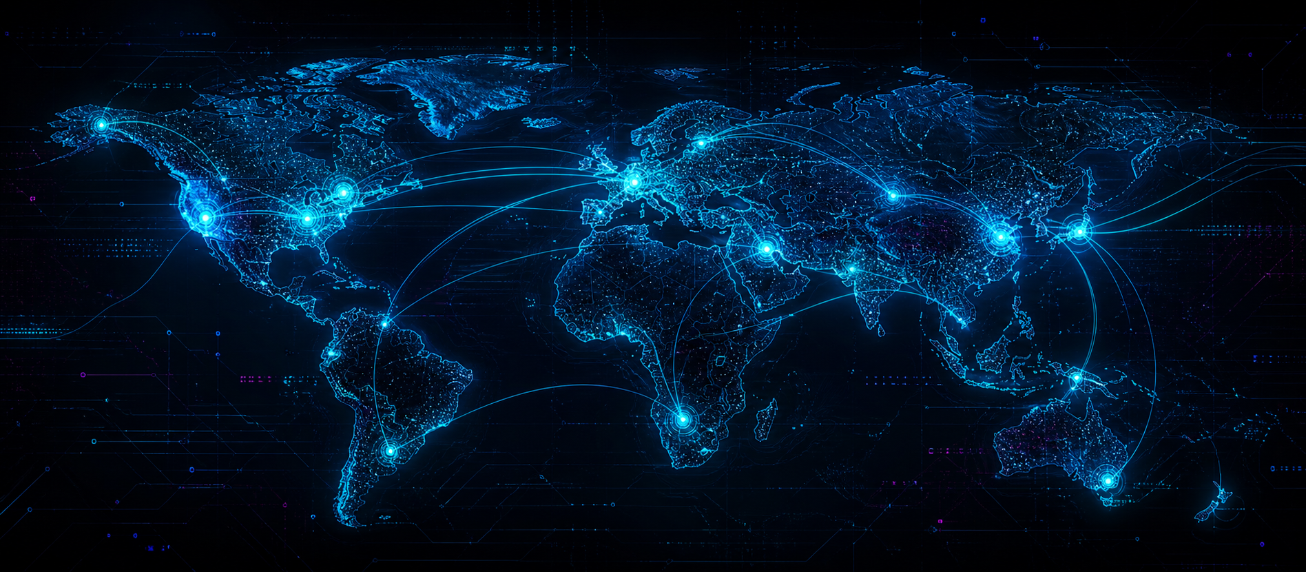 Futuristic global deployment map with secure relay connections